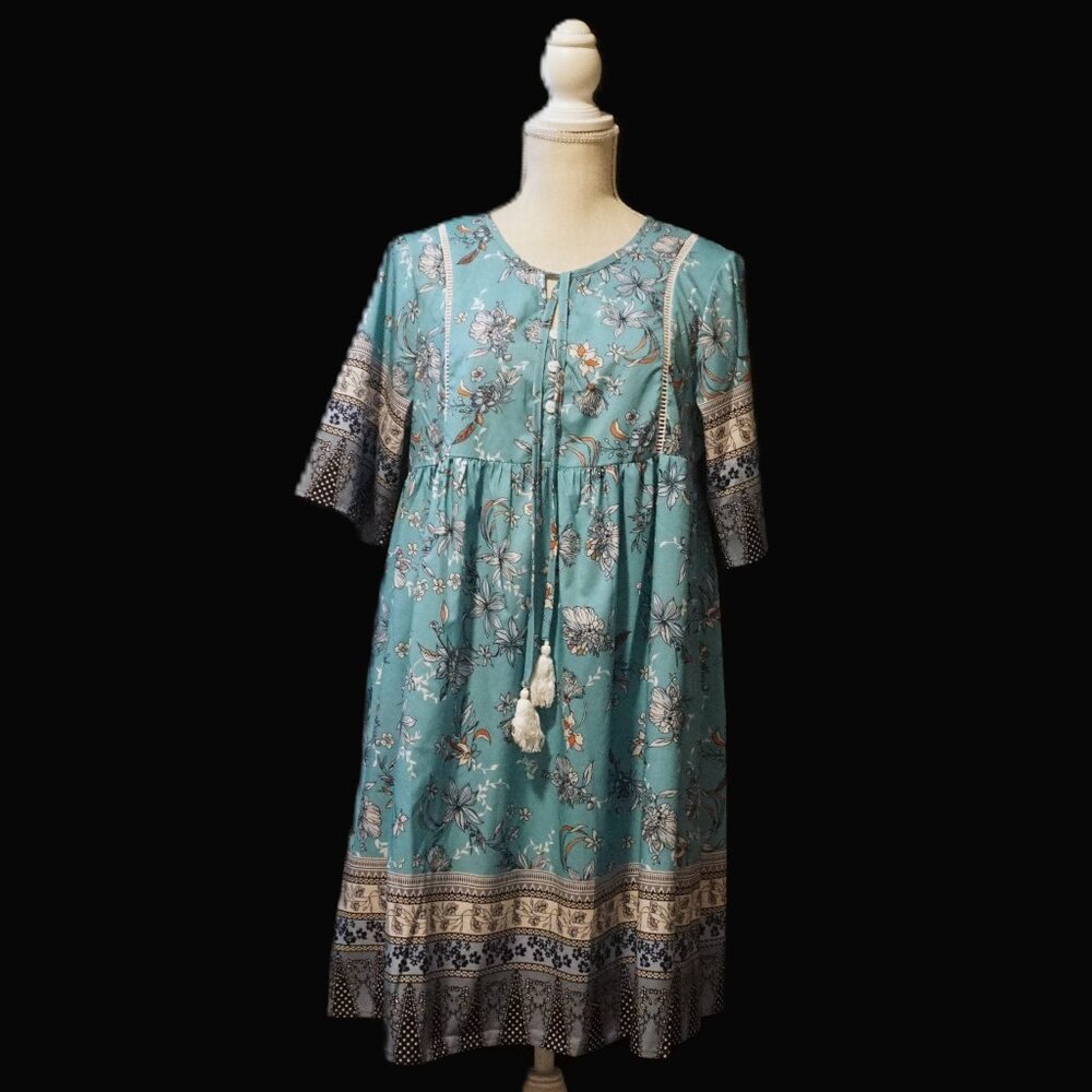Blue Teal Tie with Tassel V Neck Baby Doll A Line Skirt Empire Wasit Dress Large